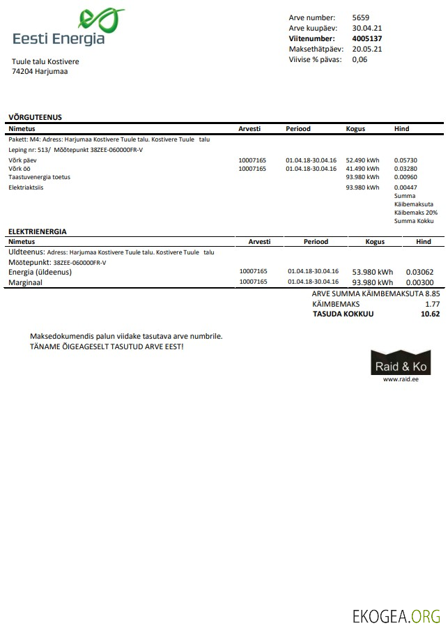 Estonia Eesti Energia electricity utility bill template in Word and PDF format